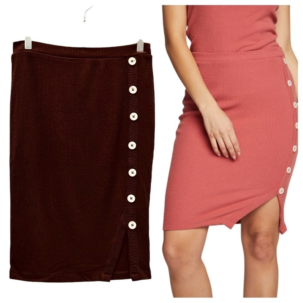NEW CHASER Button Down Pencil Skirt Pull-On Styling in Falcon Brown Size Small